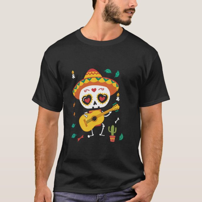 Skeleton Mariachi Musician Sugar Skull Cactus Day  T-Shirt (Front)