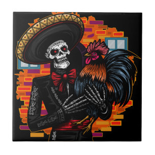 Skeleton Mariachi with Rooster Ceramic Tile