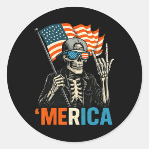 Skeleton Merica Rock American Flag Patriotic Usa 4 Classic Round Sticker