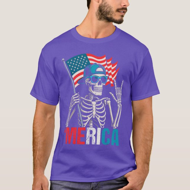 Skeleton Merica Rock American Flag Patriotic USA 4 T-Shirt (Front)