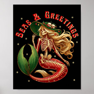 Skeleton Mermaid Christmas Gothic Coastal Beach Vi Poster