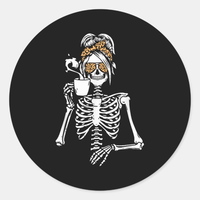 Skeleton Messy Bun Coffee Drinking Halloween Costu Classic Round Sticker (Front)