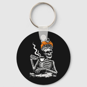 Skeleton Messy Bun Coffee Drinking Halloween Costu Key Ring