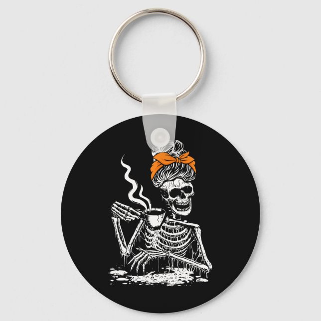 Skeleton Messy Bun Coffee Drinking Halloween Costu Key Ring (Front)