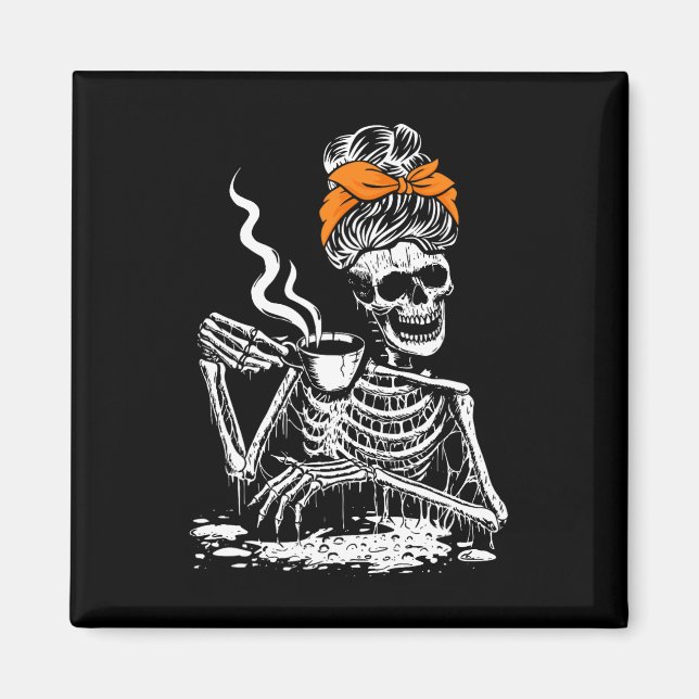 Skeleton Messy Bun Coffee Drinking Halloween Costu Magnet (Front)