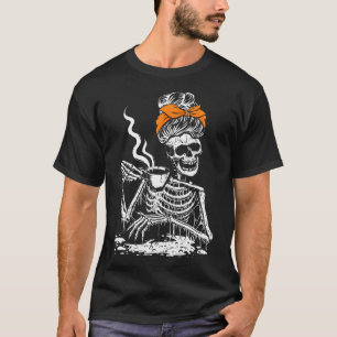 Skeleton Messy Bun Coffee Drinking Halloween Costu T-Shirt