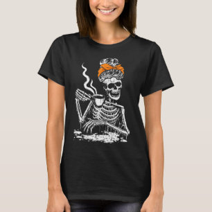 Skeleton Messy Bun Coffee Drinking Halloween Costu T-Shirt