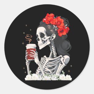 Skeleton Messy Bun Coffee Funny Costume Mum Women Classic Round Sticker