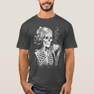 Skeleton Messy Bun Coffee Halloween Coffee Lover W T-Shirt