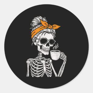 Skeleton Messy Bun Drinking Coffee Halloween Costu Classic Round Sticker