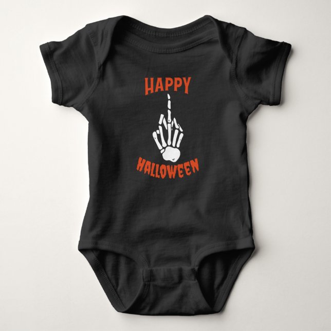 Skeleton Middle Finger Happy Halloween Baby Bodysuit (Front)
