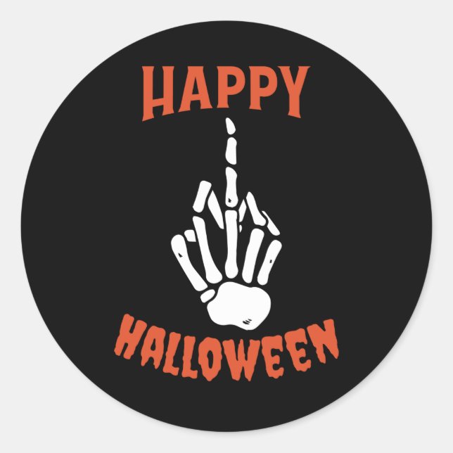 Skeleton Middle Finger Happy Halloween Classic Round Sticker (Front)
