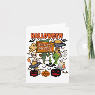 Skeleton Motel Halloween Cute Ghost Ghost Hallowee Card