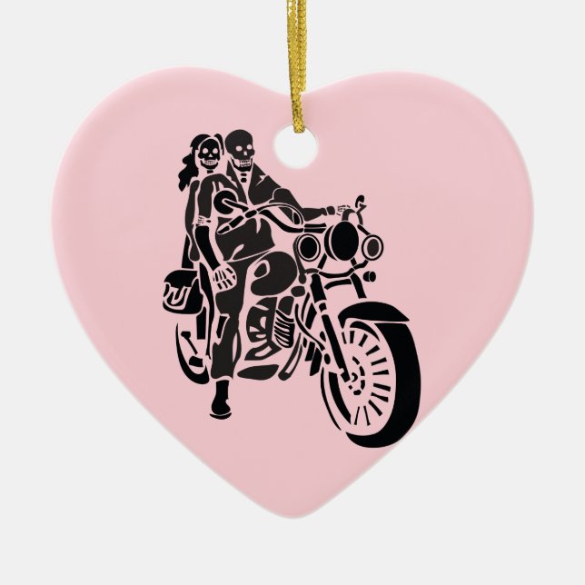 Skeleton Motorcycle Couple Ceramic Ornament (Front)