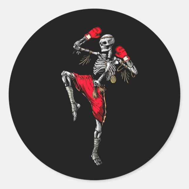 Skeleton Muay Thai Halloween Kickboxing MMA Fighte Classic Round Sticker (Front)