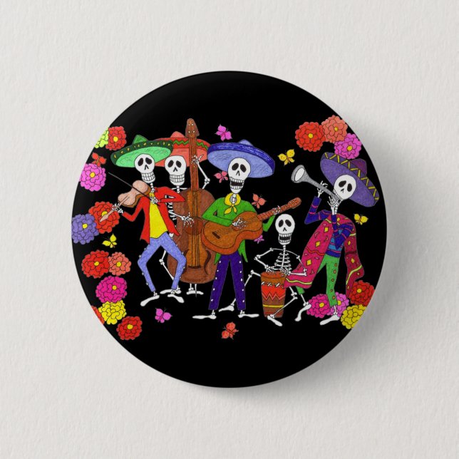 Skeleton Musicians Mariachi Band Guitar Violin +   6 Cm Round Badge (Front)