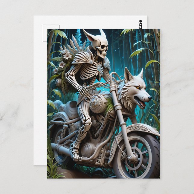 skeleton on a chopper mounted with a wolf head postcard (Front/Back)