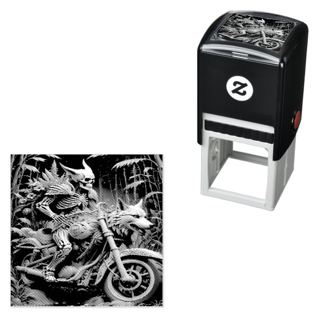 skeleton on a chopper mounted with a wolf head self-inking stamp (In Situ)