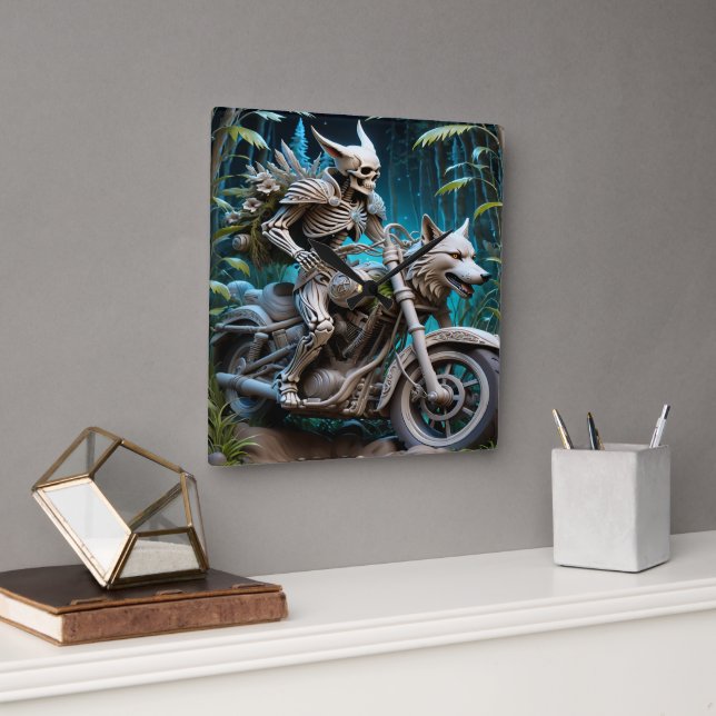 skeleton on a chopper mounted with a wolf head square wall clock (Office)