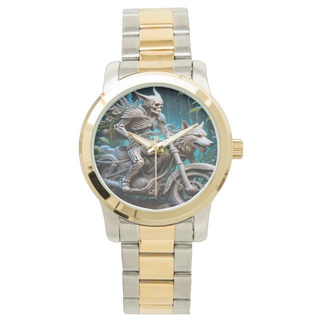 skeleton on a chopper mounted with a wolf head watch (Front)