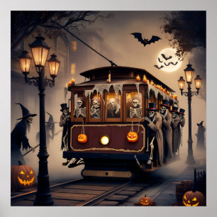 skeleton passengers riding in cable car halloween poster