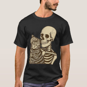 Skeleton Petting Cat Halloween Men Boys T-Shirt