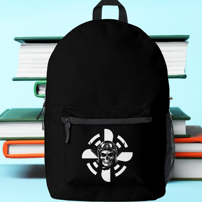 Skeleton Pilot Aeroplane Propeller Minimalist Blac Printed Backpack (Creator Uploaded)