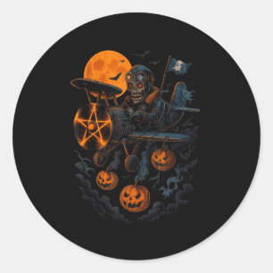 Skeleton Pilot Art Halloween Creepy Aeroplane For Classic Round Sticker