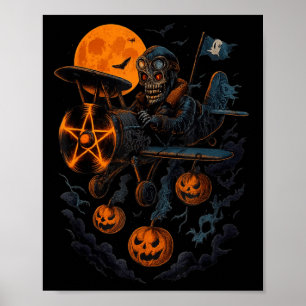Skeleton Pilot Art Halloween Creepy Aeroplane For Poster