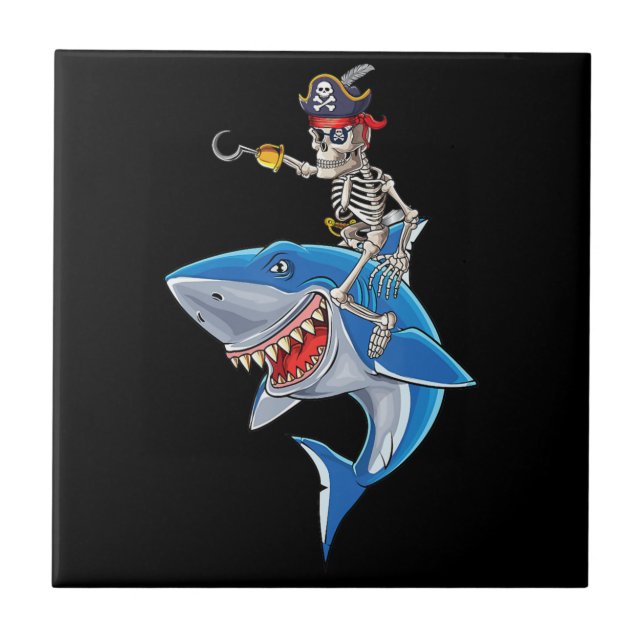 Skeleton Pirate Riding Shark Cute Boys Halloween Ceramic Tile (Front)