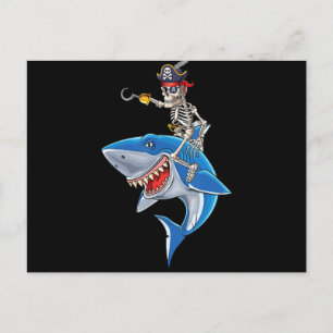 Skeleton Pirate Riding Shark Cute Boys Halloween Holiday Postcard