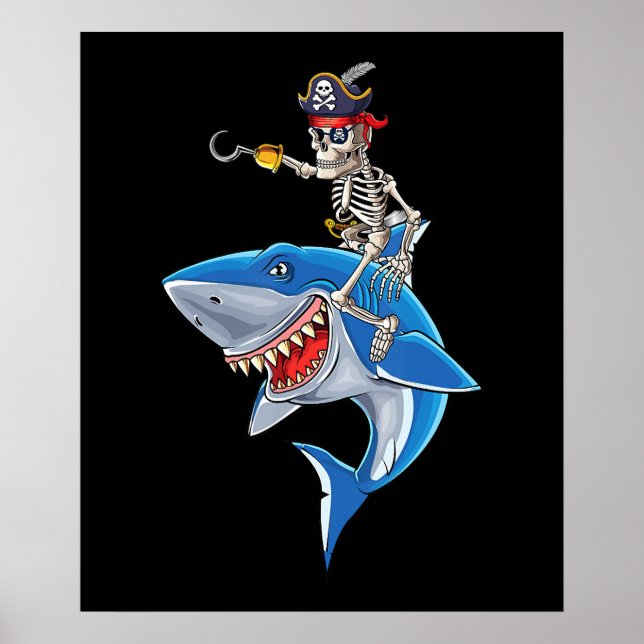 Skeleton Pirate Riding Shark Cute Boys Halloween Poster (Front)