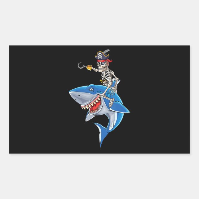 Skeleton Pirate Riding Shark Cute Boys Halloween Rectangular Sticker (Front)
