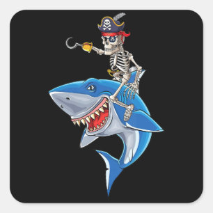 Skeleton Pirate Riding Shark Cute Boys Halloween Square Sticker