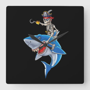 Skeleton Pirate Riding Shark Cute Boys Halloween Square Wall Clock