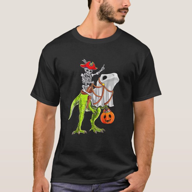 Skeleton Pirate Riding Skeleton Dinosaur Halloween T-Shirt (Front)