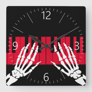 Skeleton play piano square wall clock