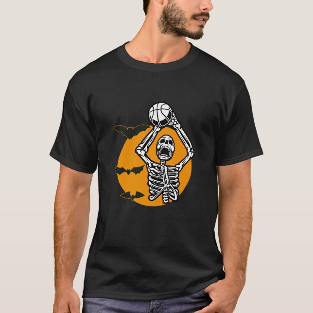 Skeleton Play Volleyball in Halloween Night T-Shirt (Front)