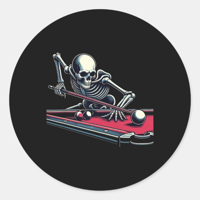 Skeleton Playing Billiards Halloween Billiard Pool Classic Round Sticker (Front)