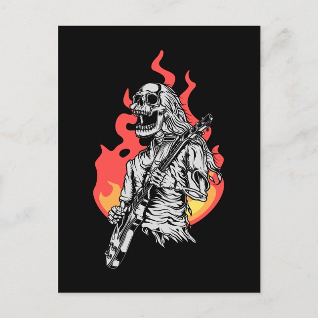 Skeleton playing electric Guitar Flames Rock Music Postcard (Front)