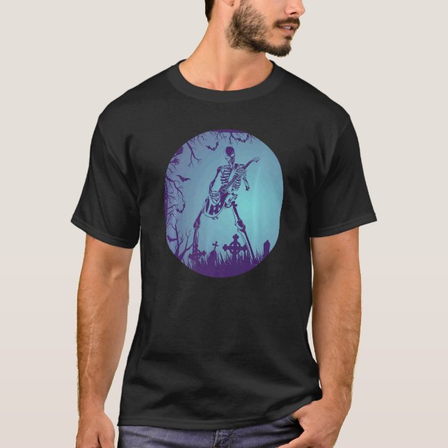 Skeleton Playing Electric Guitar Solo in Moonlit G T-Shirt (Front)