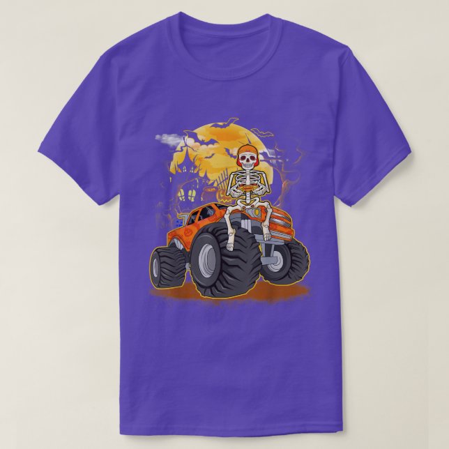 Skeleton Playing Game Funny Monster Truck Hallowee T-Shirt (Design Front)