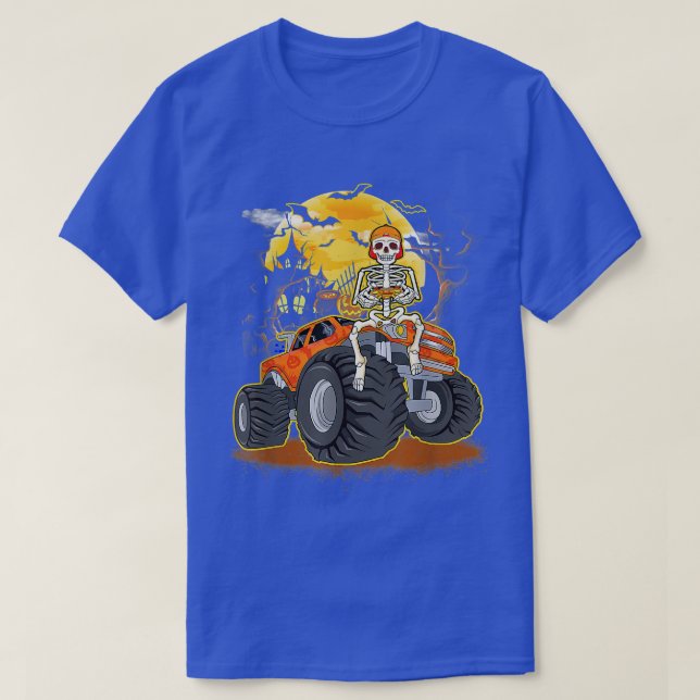 Skeleton Playing Game Monster Truck Funny Hallowee T-Shirt (Design Front)