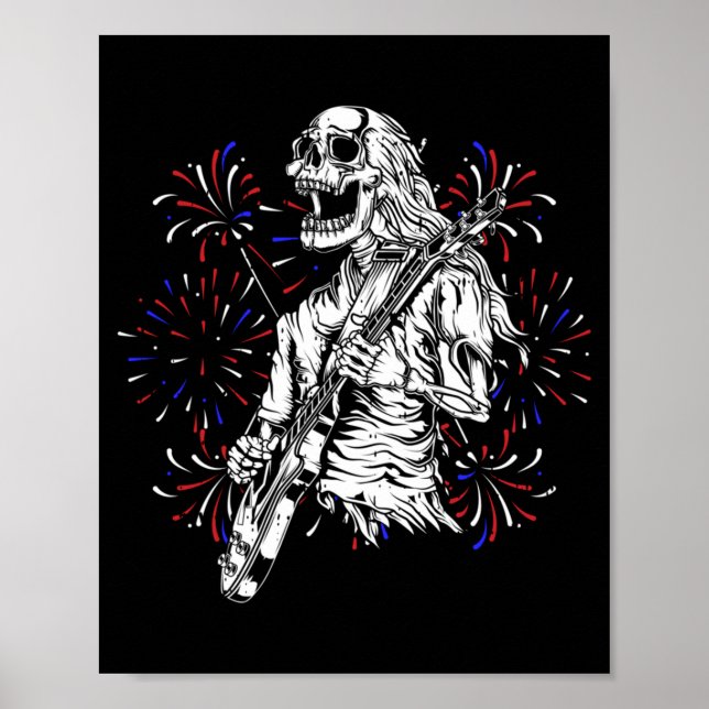 Skeleton Playing Guitar 4th Of July Funny Rocker Poster (Front)