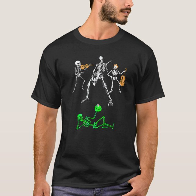 Skeleton Playing Guitar Happy Halloween Costume T-Shirt (Front)
