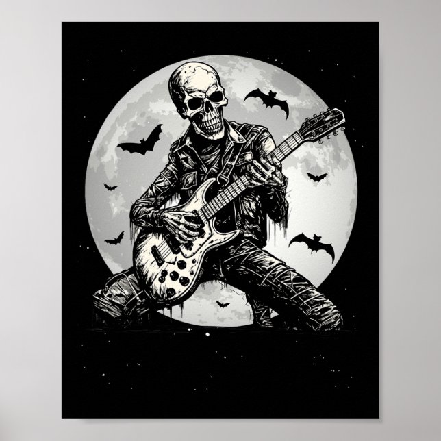 Skeleton Playing Guitar Punk Rock Music Halloween  Poster (Front)