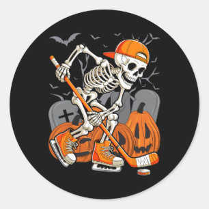 Skeleton Playing Hockey Funny Halloween Men Women  Classic Round Sticker