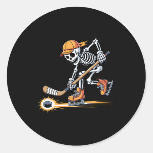 Skeleton Playing Hockey In Skates With Cap And Sti Classic Round Sticker