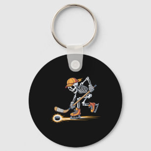 Skeleton Playing Hockey In Skates With Cap And Sti Key Ring