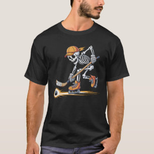Skeleton Playing Hockey In Skates With Cap And Sti T-Shirt